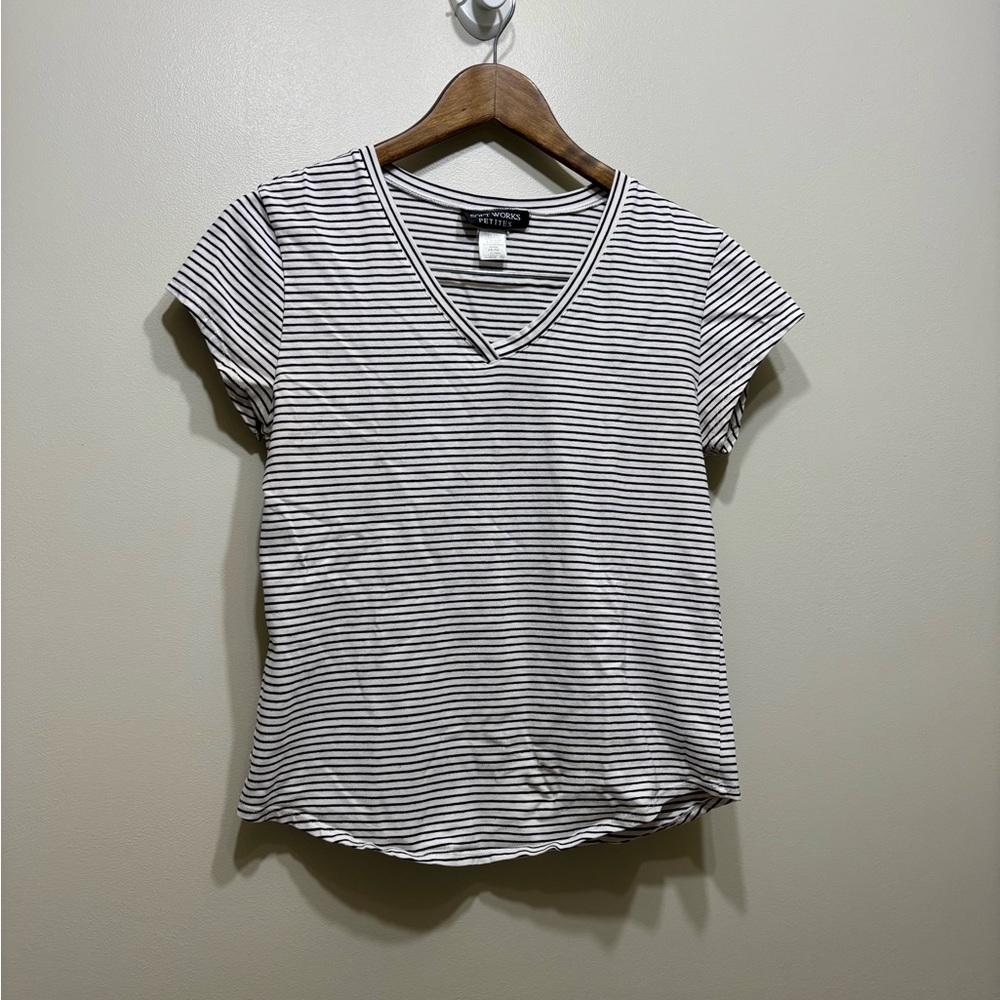 ✨$8 CLEAR-OUT✨ Soft Works Petites Y2K Vintage Striped VNeck Tee Shirt Top White